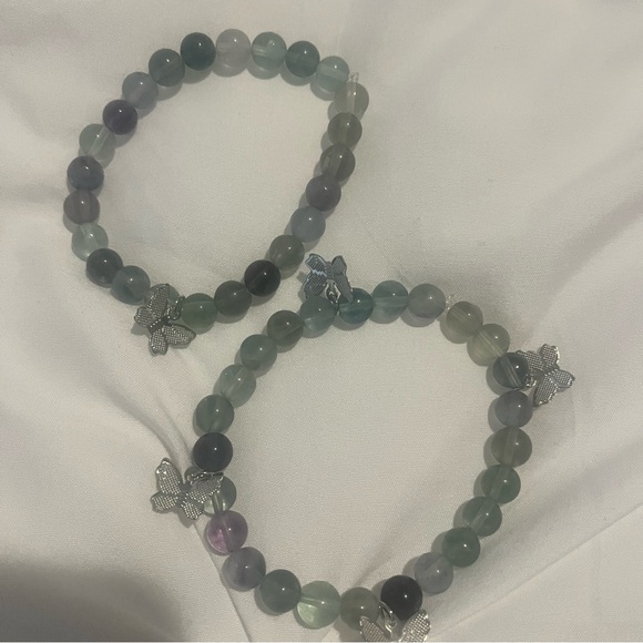 Hand Crafted Jewelry - Fluorite Genuine Stone Butterfly Charm Bracelets Handmade Green Purple Silver